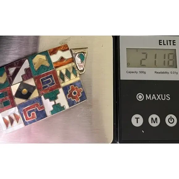 Peruvian 950 Mixed Semi-precious Gemstone Inlay Mosaic pendant 21.18G/2.5in - Picture 6 of 6